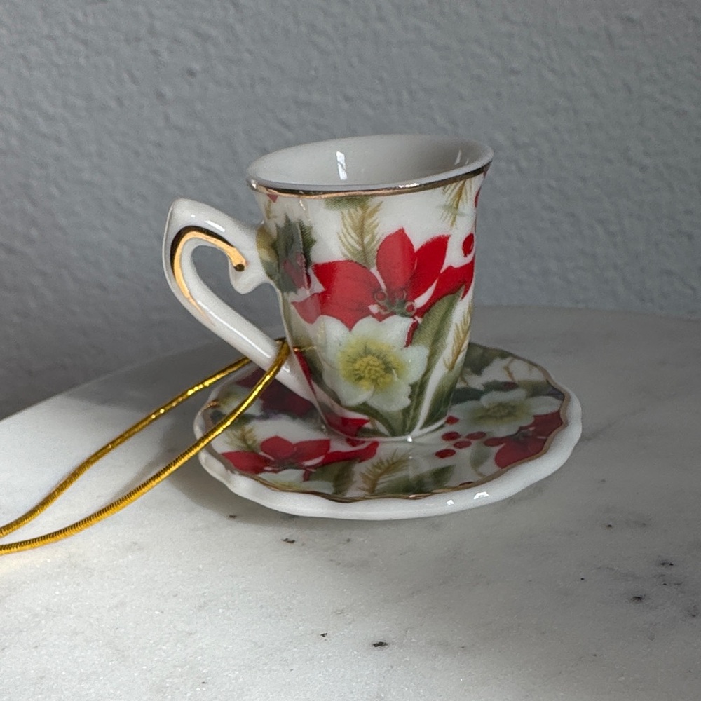 Floral Porcelain Mini Cup and Saucer with Gold Accents - ornament